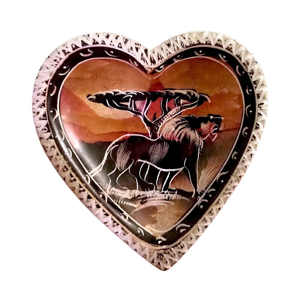 Hand Carved Heart Soapstone Trinket Dish hand painted African lion made In Kenya